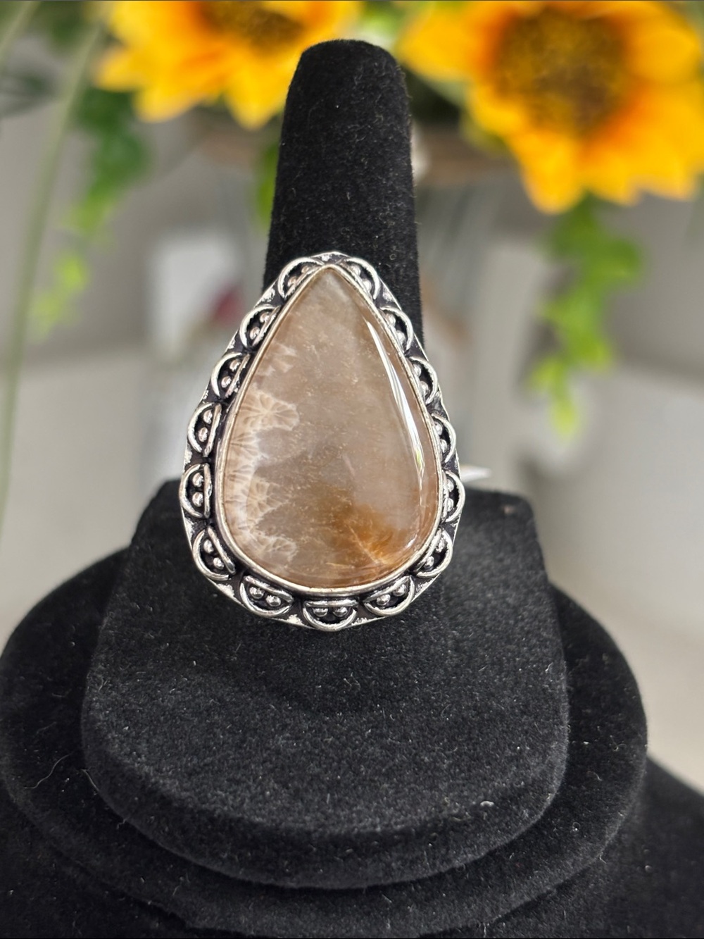 Sterling Silver Teardrop Fossil Coral Ring Size 7